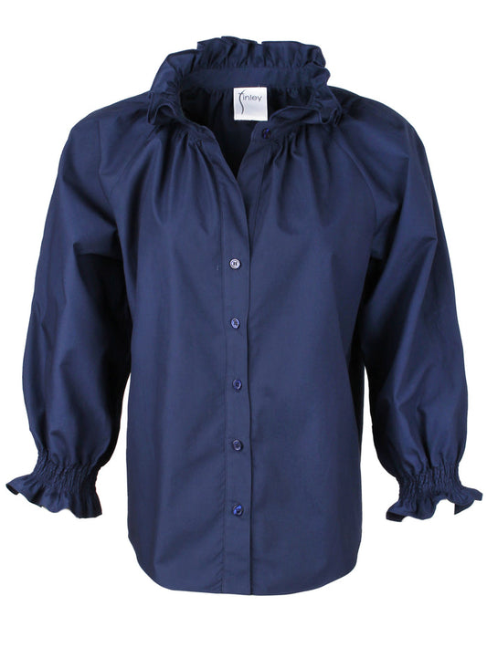 Fiona Ruched navy blue poplin shirt with a ruffle neckline