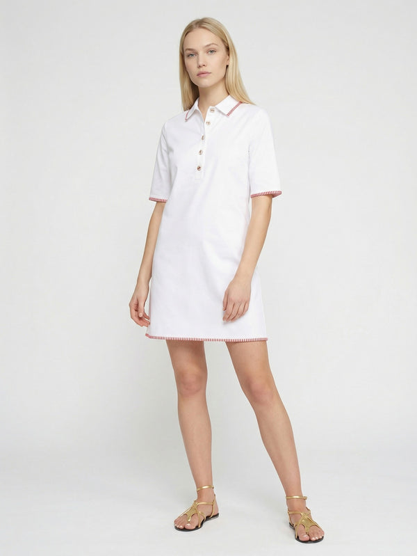 Chelsea White Dress with Red Trim