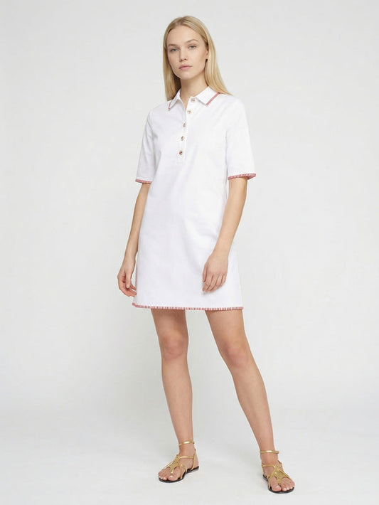 Chelsea White Dress with Red Trim