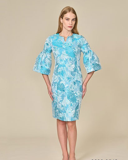 Jaquard Bell Sleeve Blue Dress